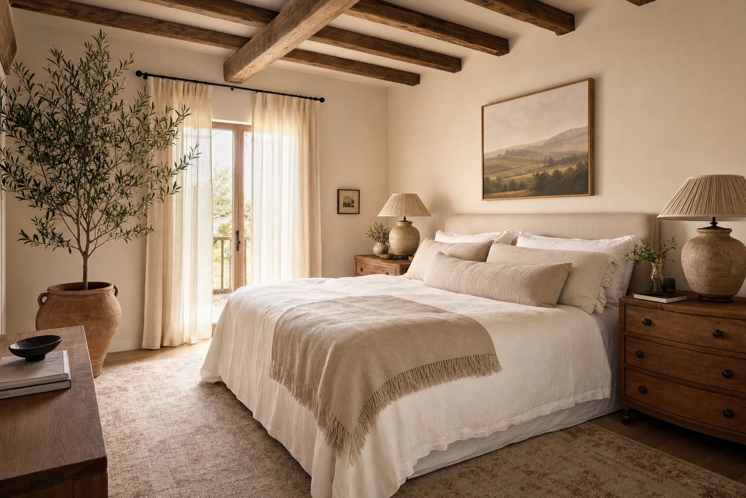 The Linen Suite — serene studio with exposed wood beams near Chapel Hill