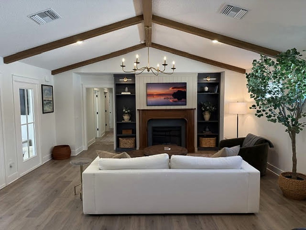 Vaulted great room with fireplace