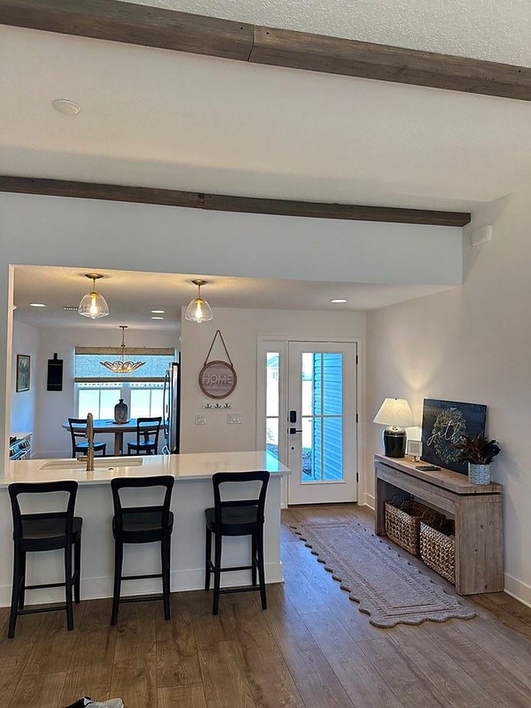 Living room with brick fireplace
