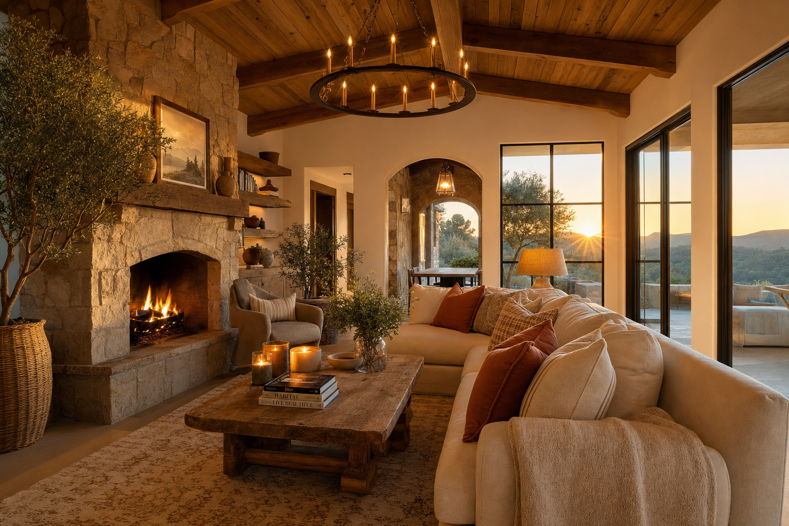 Warm cozy vacation rental living room with fireplace and golden hour light