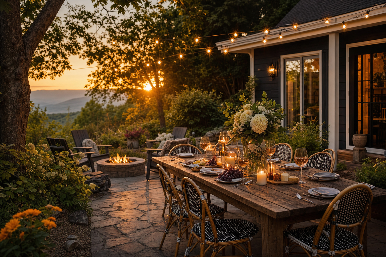 Outdoor patio dining at sunset with string lights